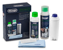 DeLonghi coffee machine cleaning kit with packaging on a white background
