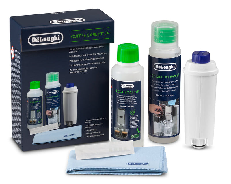 DeLonghi coffee machine cleaning kit with packaging on a white background
