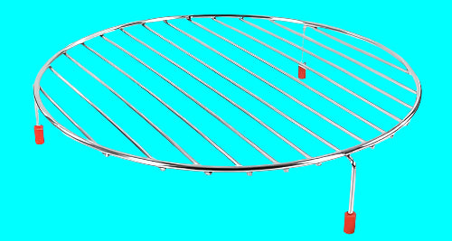 Round metal grill rack with red legs on a white background